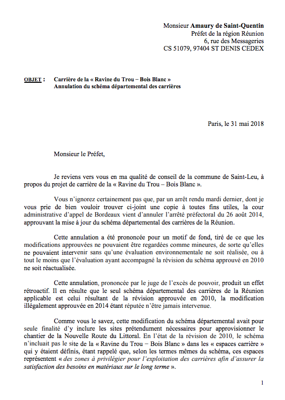 Le maire de St-Leu demande au préfet d'abroger le PIG de Bois-Blanc