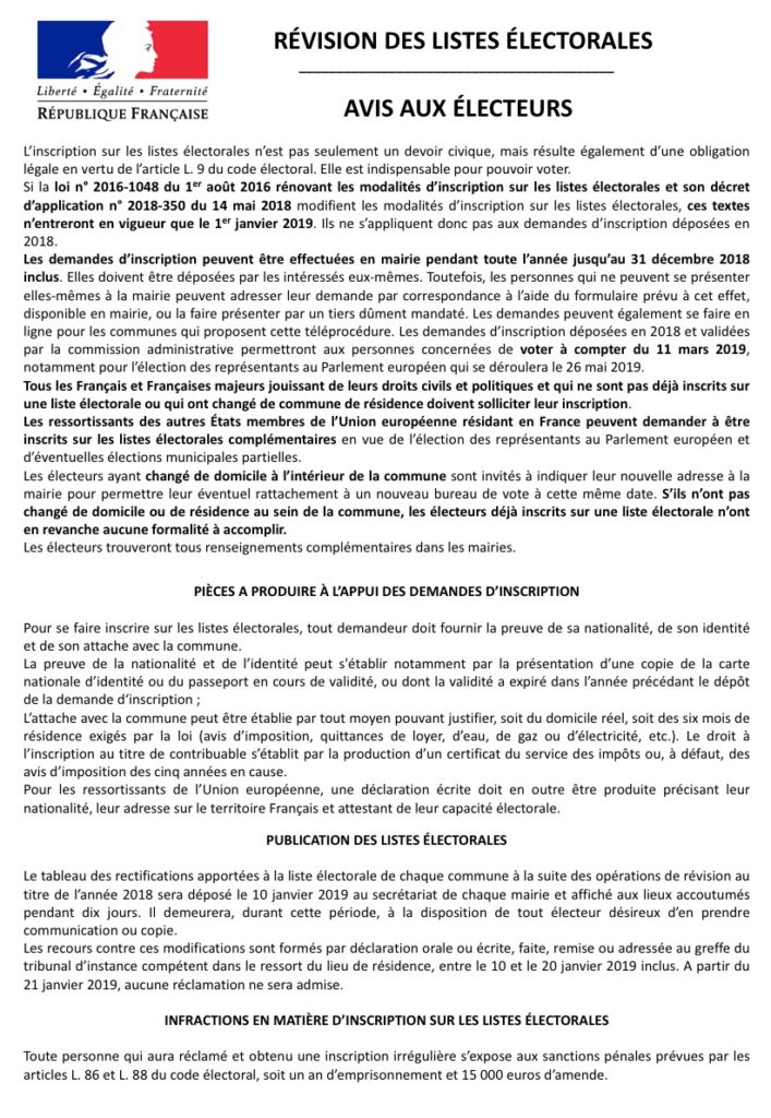 Révision des listes électorales – Avis aux électeurs