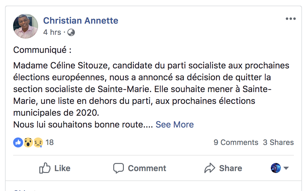 Sainte-Marie : Céline Sitouze quitte le parti socialiste