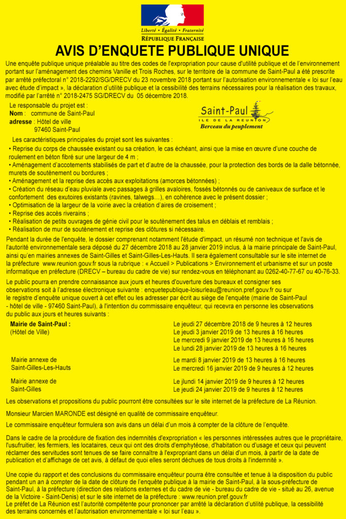 Une enquête publique sur les aménagements des chemins Vanille et Trois Roches