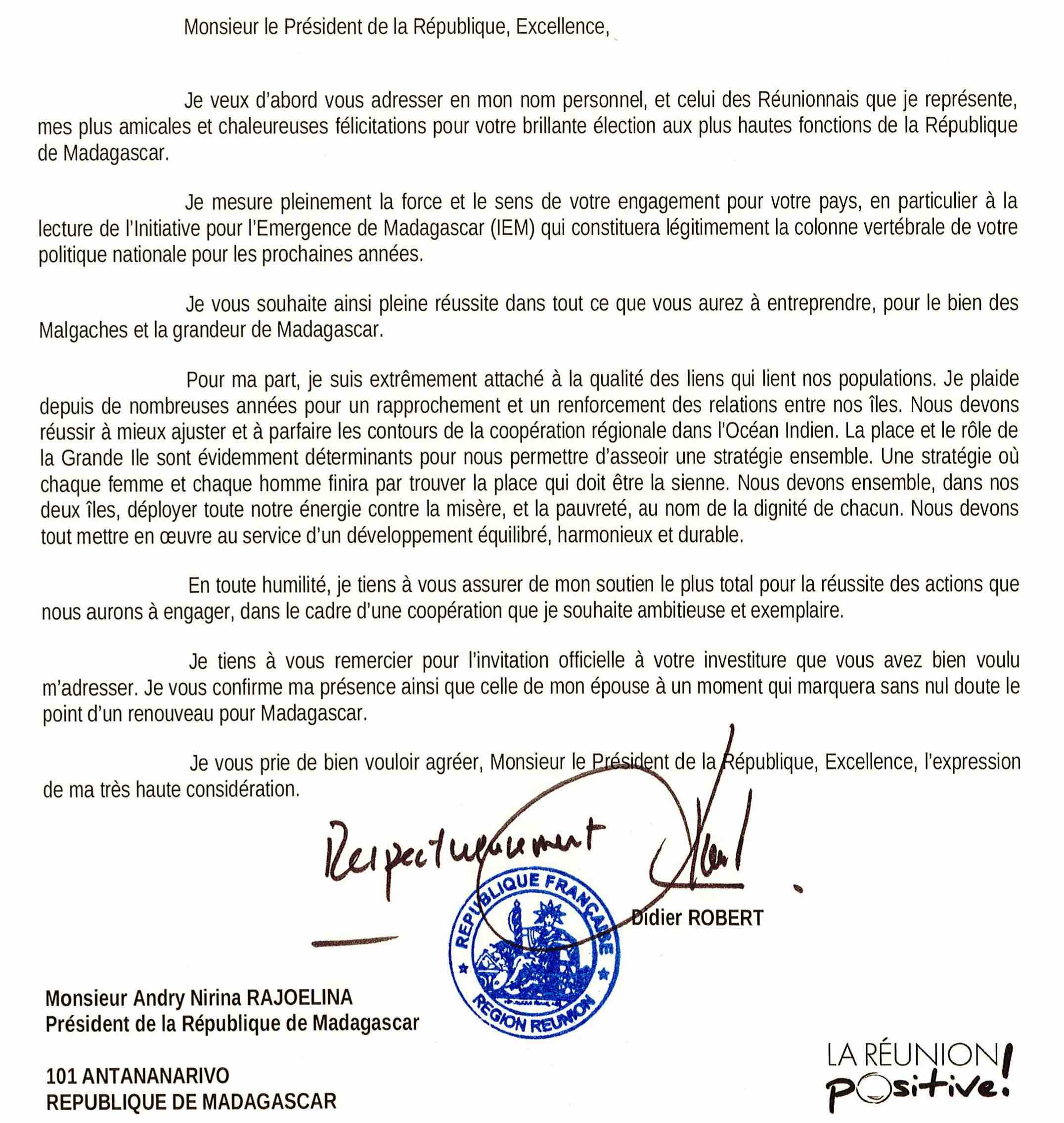 Didier Robert félicite Andry Rajoelina pour son élection