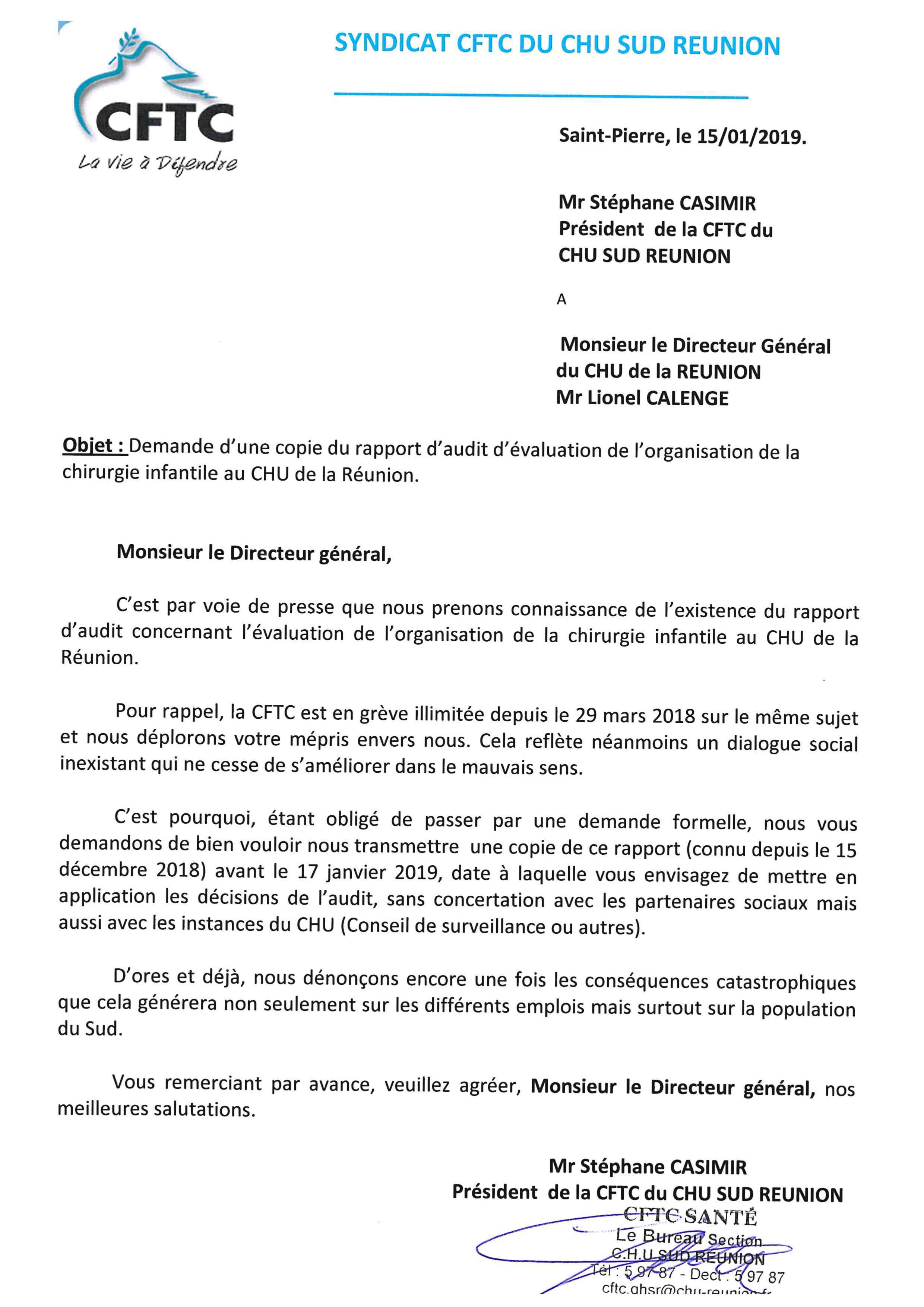 CHU: La CFTC demande à prendre connaissance du rapport d'audit de la chirurgie infantile