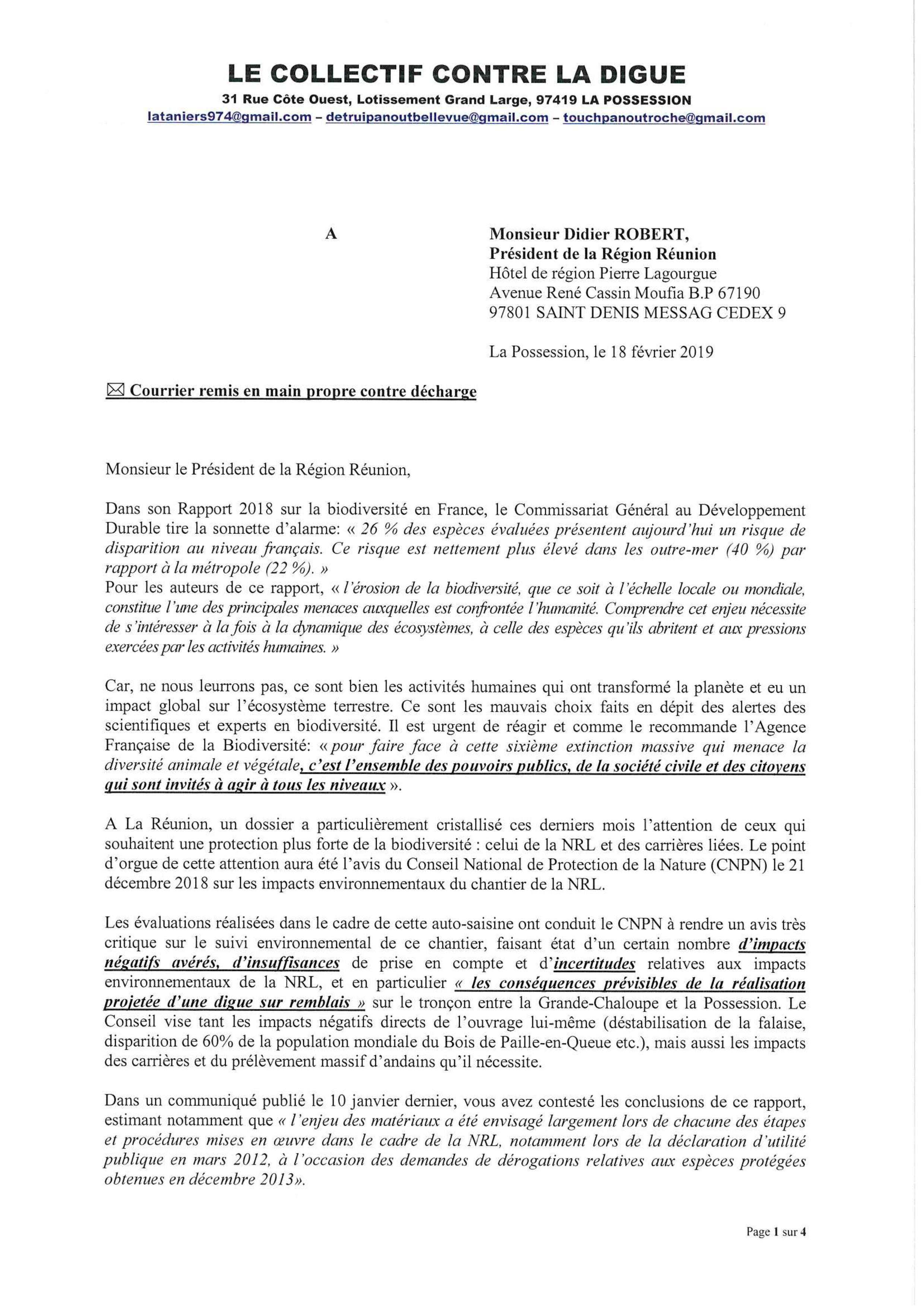 Collectif contre la digue NRL : Courrier remis au Président de Région