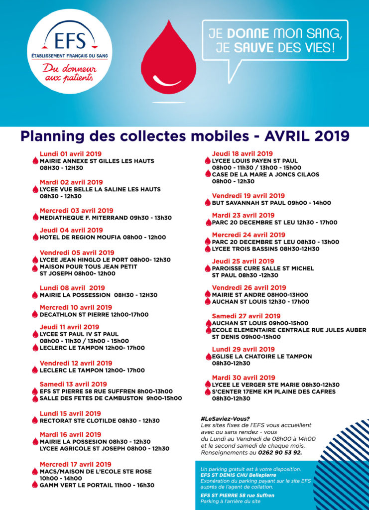 Plusieurs collectes de sang organisées en avril à Saint-Paul