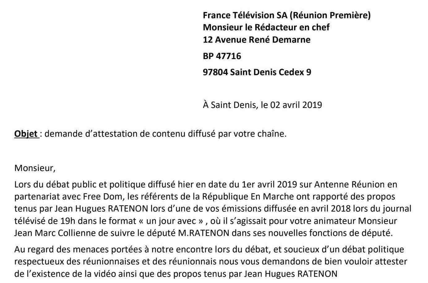 La République en Marche St-André demande à Ratenon de confirmer des propos tenus dans un reportage TV
