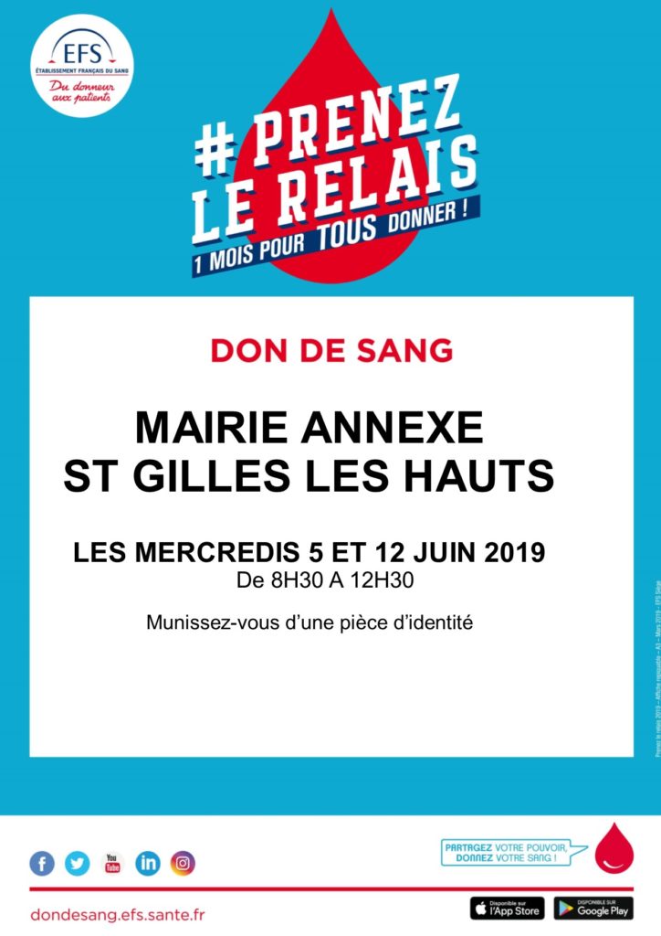 Collectes de sang pour le mois de Juin 2019