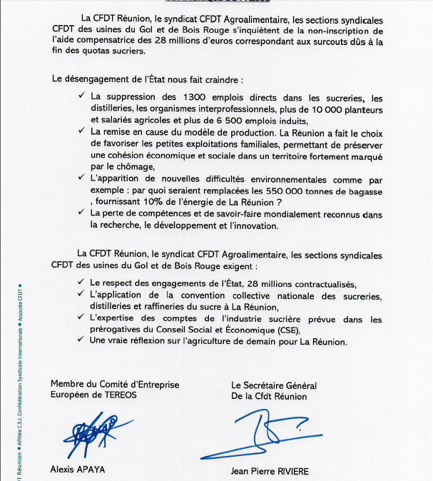 Fin des quotas sucriers: La CFDT inquiète quant à l’aide compensatrice de 28 millions 
