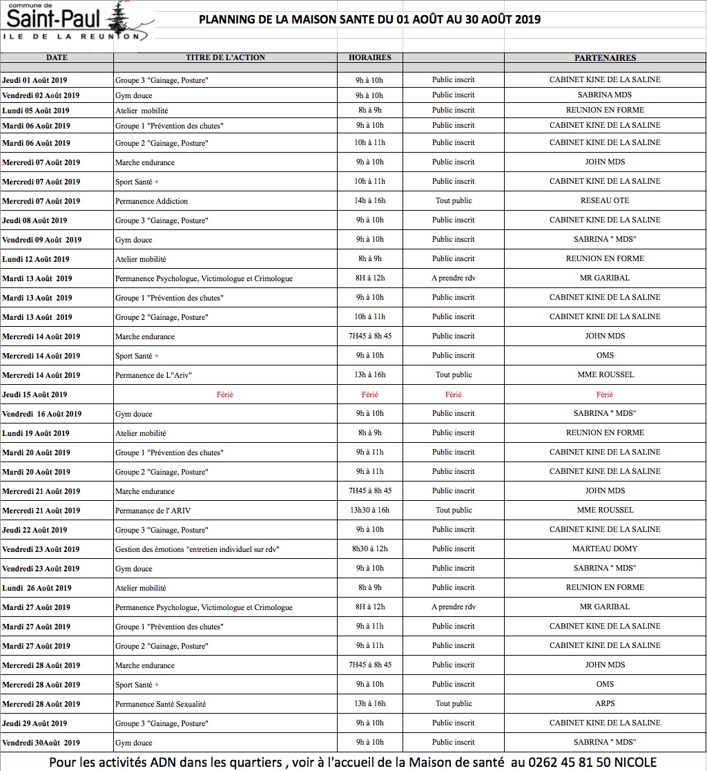 Le planning de la maison de santé pour le mois d’août 2019 est arrivé ! Découvrez-le !