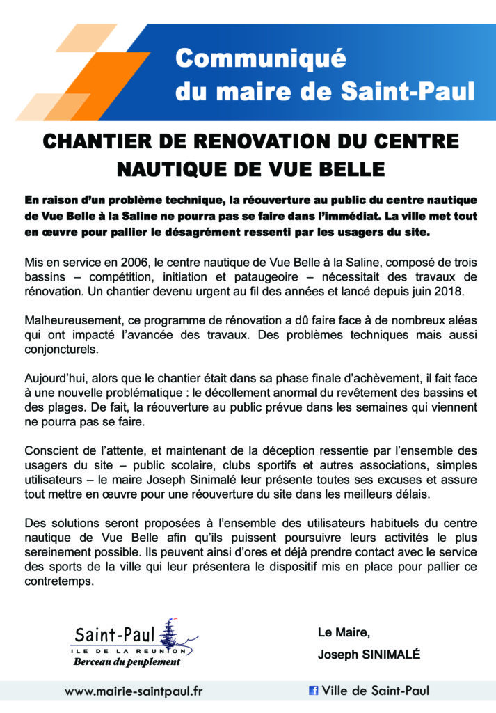 Communiqué du Maire de Saint-Paul à propos du chantier de rénovation du centre nautique de Vue Belle