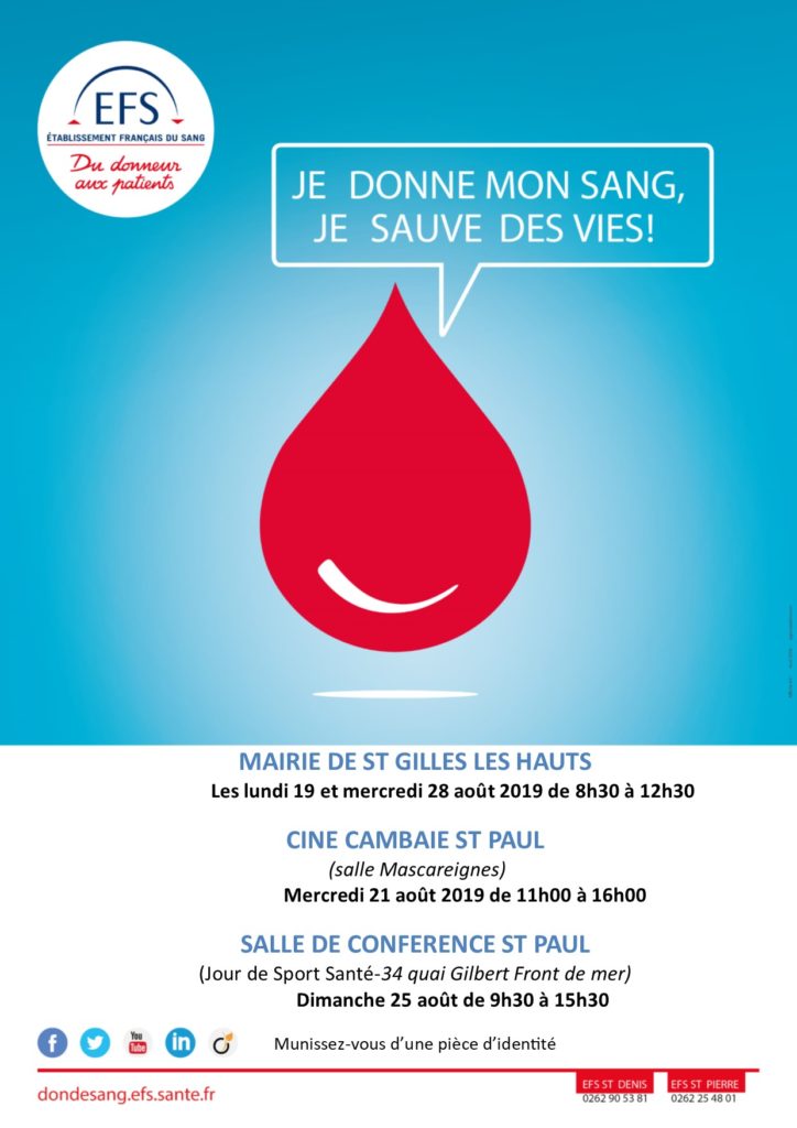 Plusieurs collectes de sang pour ce mois d’août 2019 : Soyez au rendez-vous!