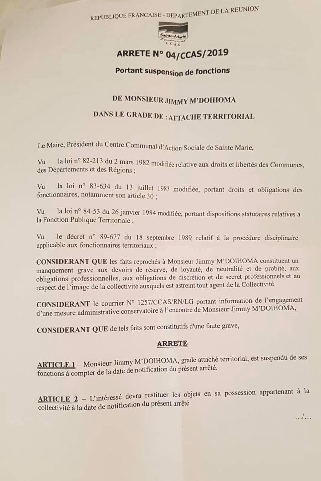 Le directeur du CCAS de Ste-Marie suspendu de ses fonctions pour