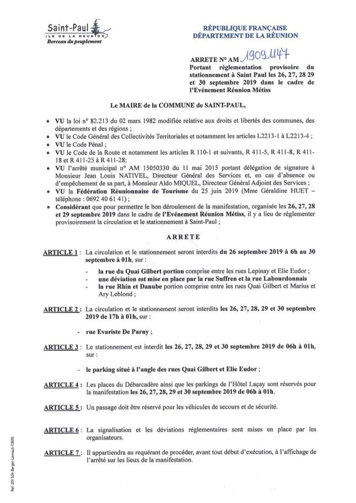 Rues fermées et interdictions de stationner à l’occasion du Festival Réunion métis