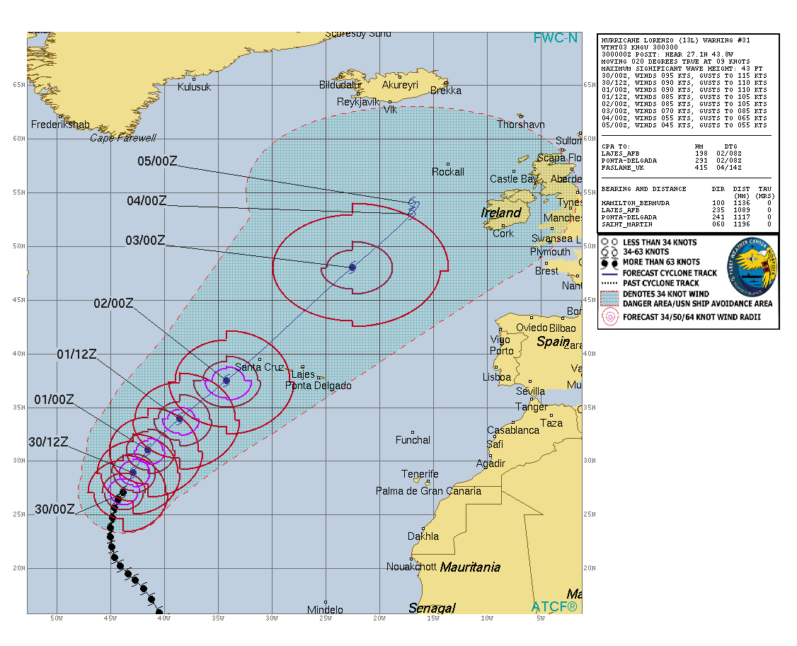 L'ouragan Lorenzo le plus puissant cyclone sur le Nord-Est de l'Atlantique