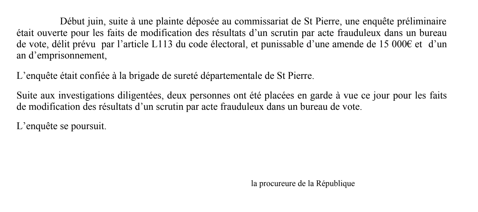 Bourrage d'urne à St-Pierre : Deux suspects en garde à vue
