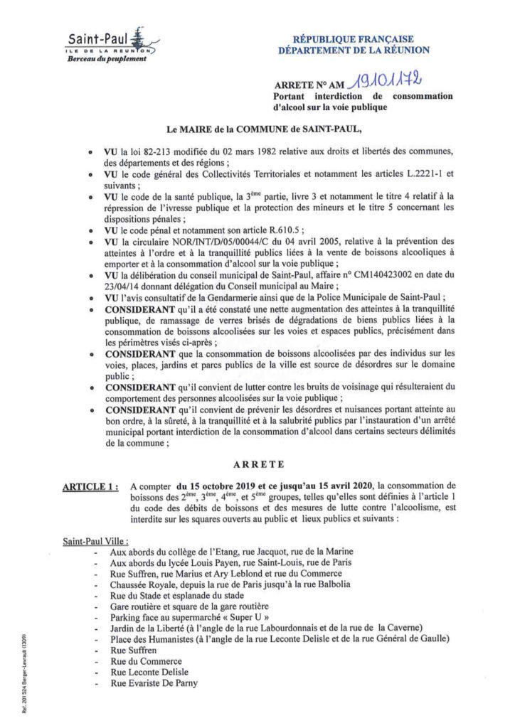 Du 15 octobre 2019 au 15 avril 2020, la consommation d’alcool sur la voie publique est interdite par arrêté municipal