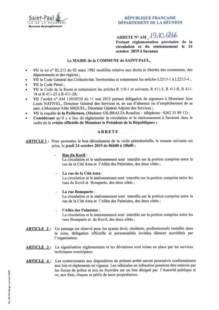 Réglementation provisoire de la circulation et du stationnement le 24 octobre à Savanna