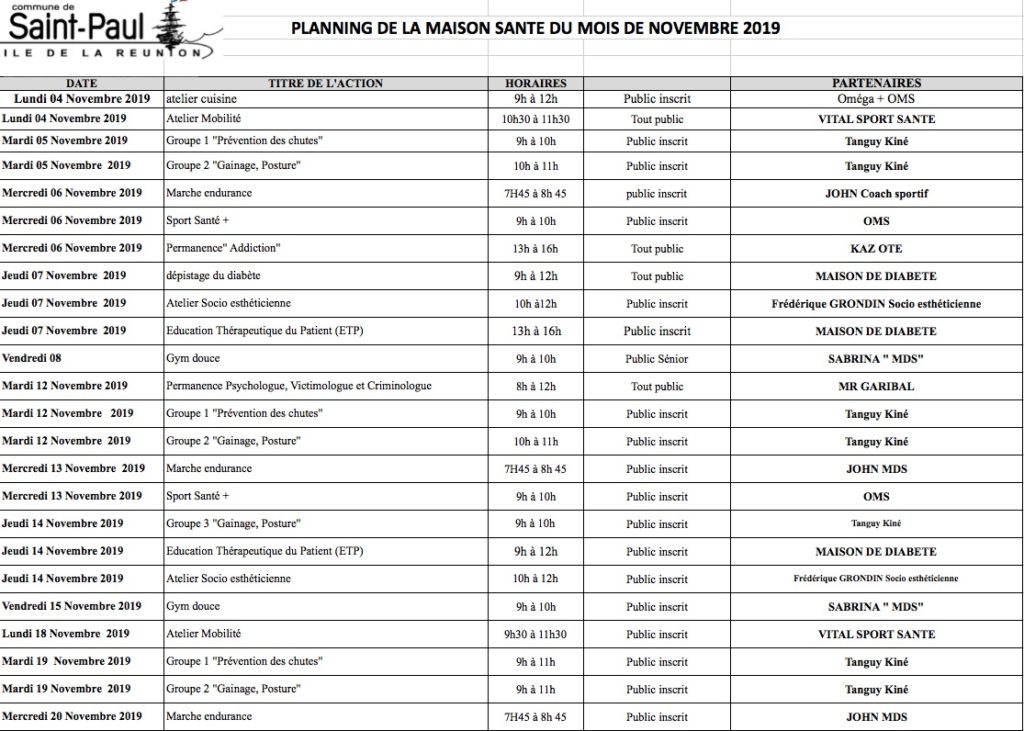 Retrouvez le planning de la Maison de Santé à La Saline pour le mois de novembre