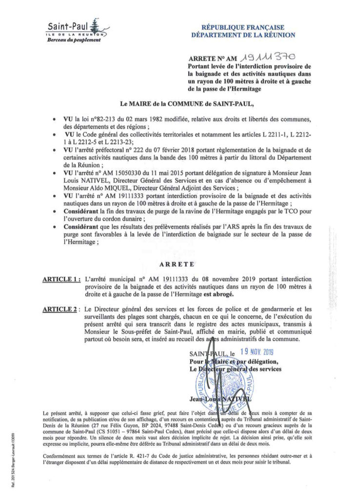 Levée de l’interdiction de baignade et des activités nautiques à la Passe de l’Hermitage