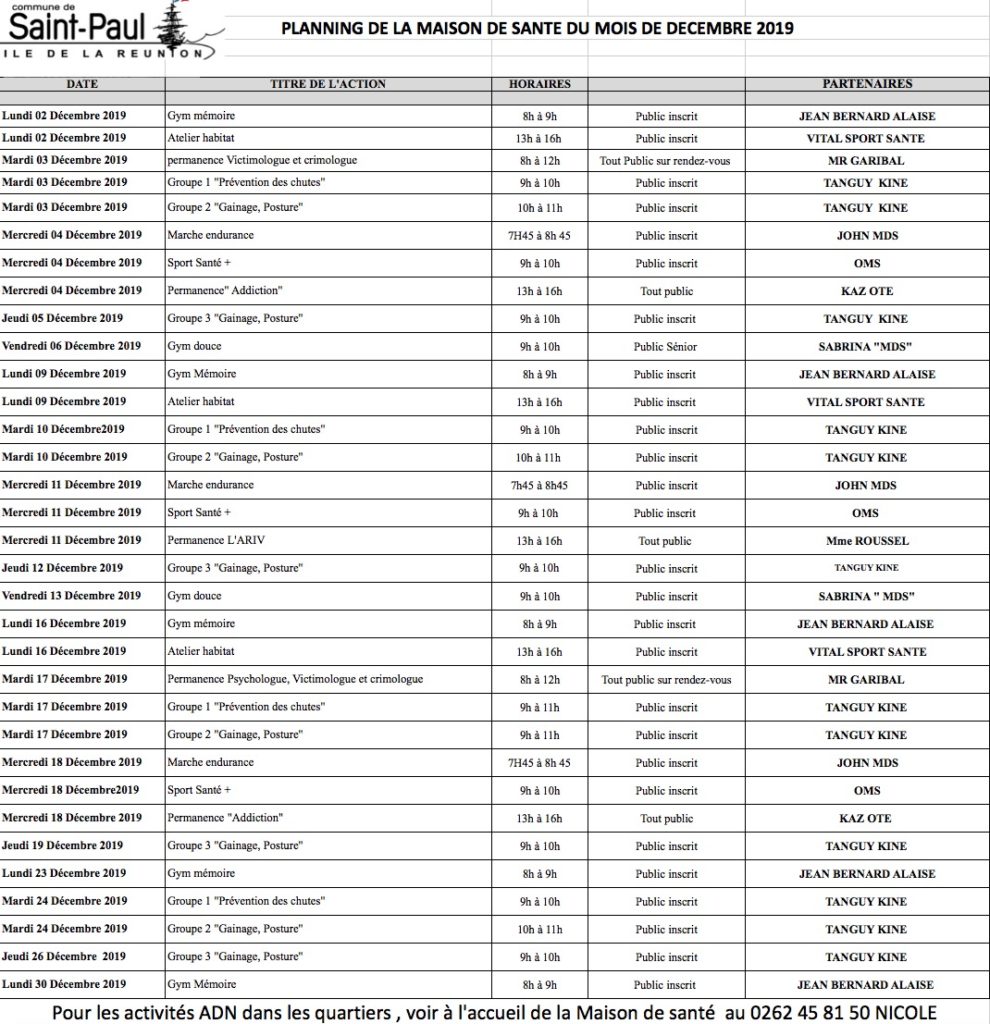 Le planning de la Maison de Santé de La Saline pour le mois de décembre à découvrir !