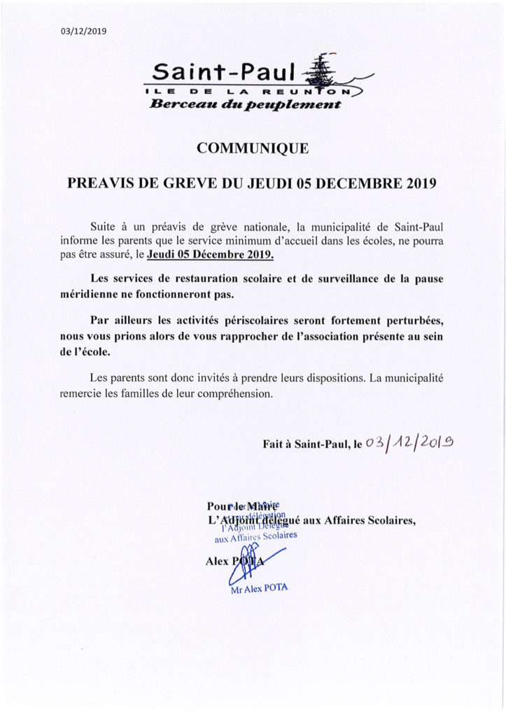 Préavis de grève du jeudi 5 décembre 2019 : pas de restauration scolaire ni de surveillance de la pause méridienne dans les écoles à Saint-Paul
