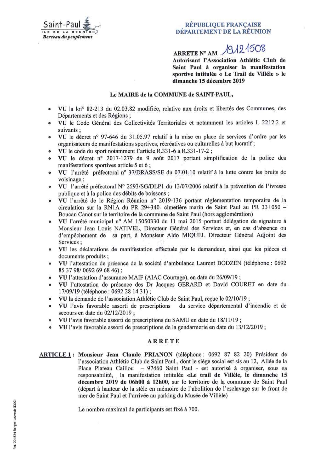 Un arrêté municipal pour le Trail de Villèle
