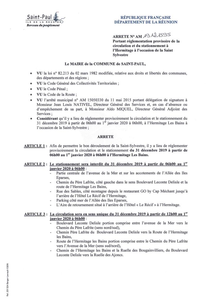 Modification provisoire de la circulation et du stationnement à l’occasion du Réveillon de la Saint-Sylvestre à l’Hermitage