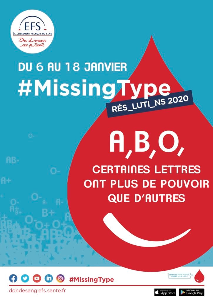 L’Établissement Français du Sang relance son opération #MissingType du 6 au 18 janvier 2020 !
