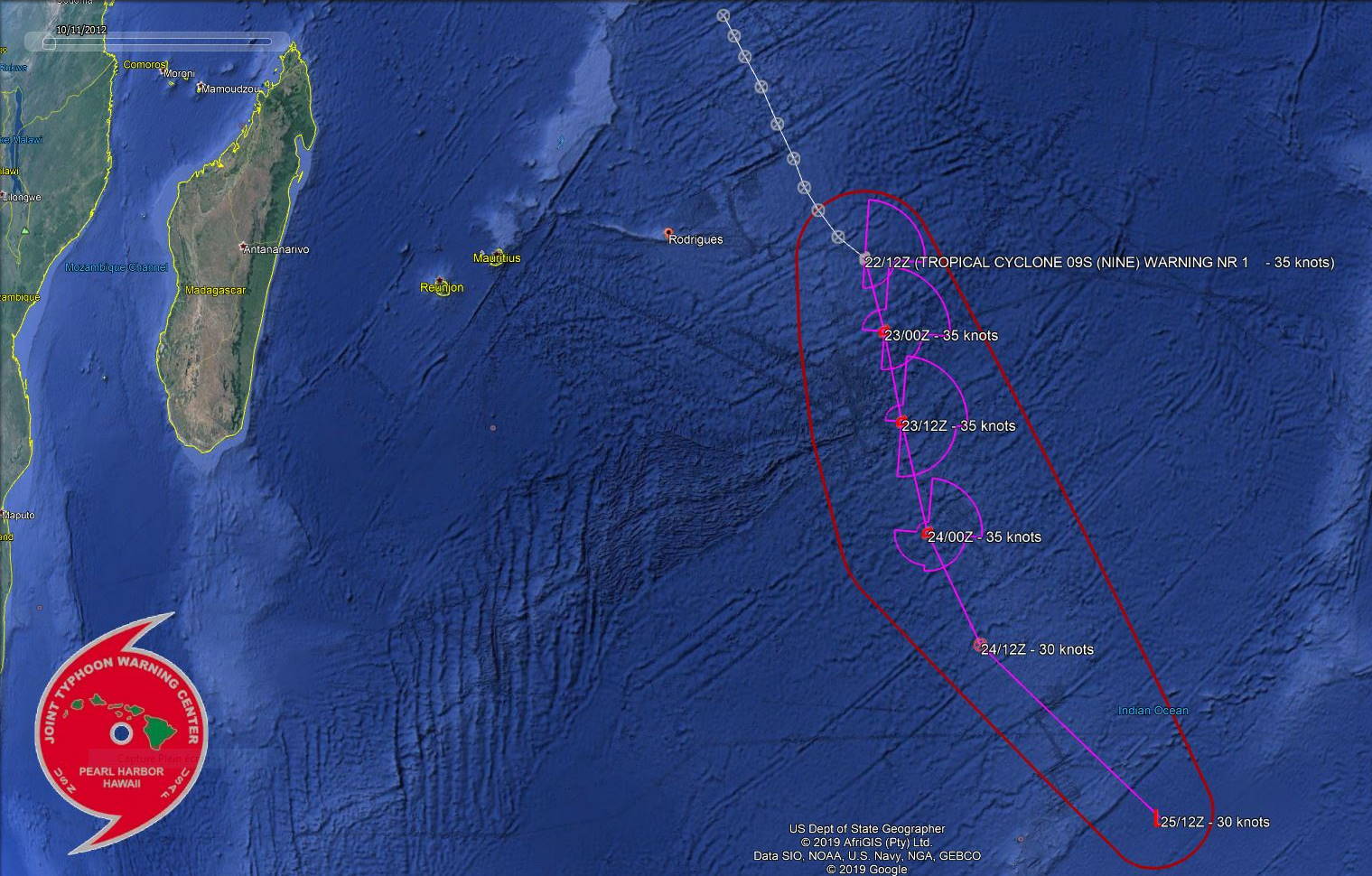 [JTWC] 94S devient le 9è système cyclonique de la saison de l'Hémisphère Sud loin à l'Est de Rodrigues