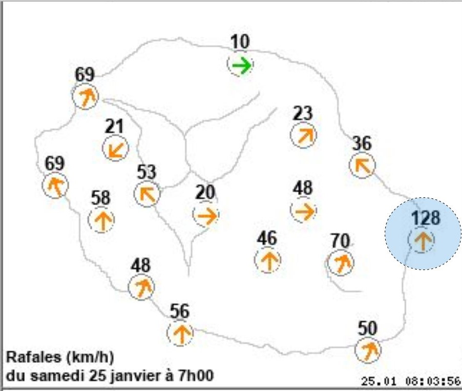 La tempête tropicale DIANE s'éloigne mais les vents restent forts sur la Réunion: 128km/h à Piton Sainte Rose