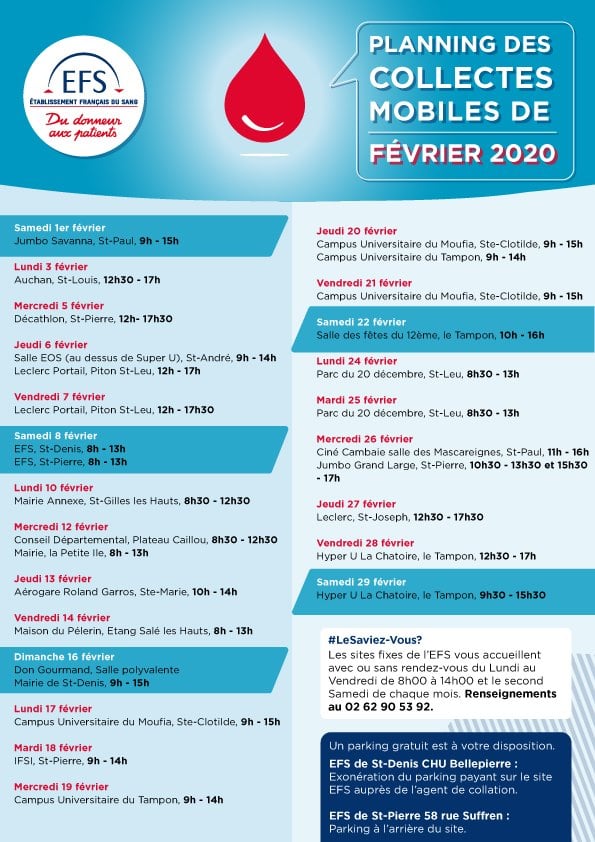 Découvrez le planning des collectes de sang pour le mois de février 2020