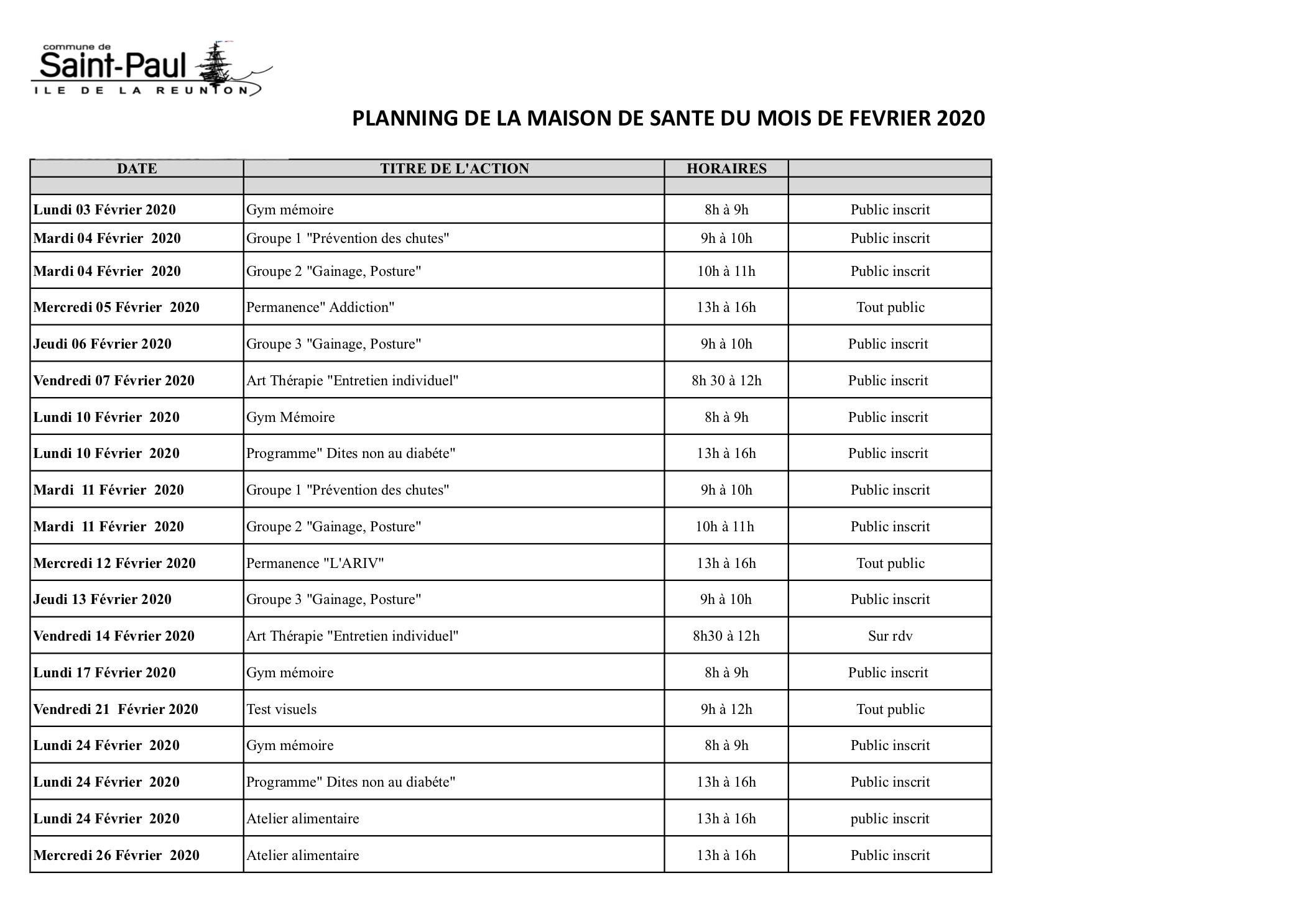 Découvrez sans plus tarder le planning de la Maison de Santé de La Saline pour le mois de février