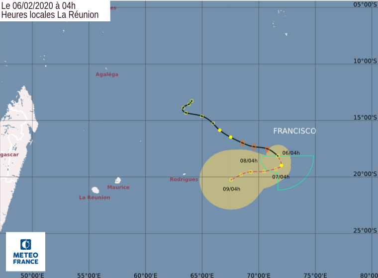 Le système dépressionnaire Francisco quasi stable, à 1 695 km à l'est de La Réunion