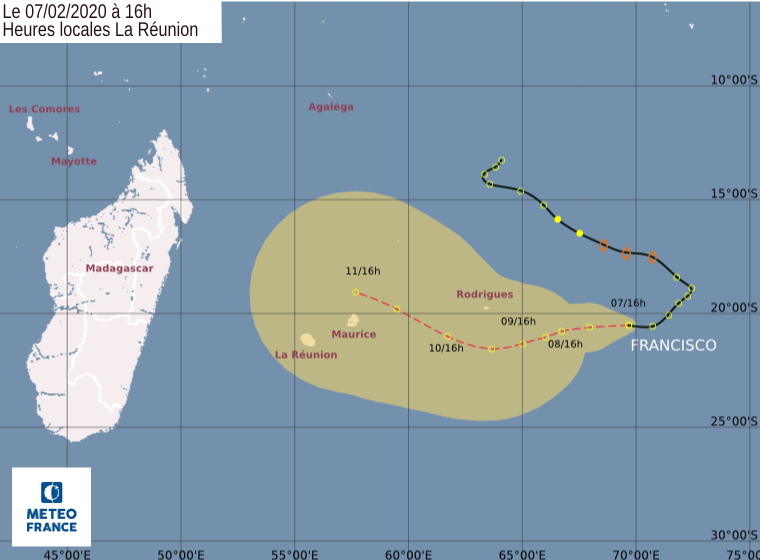 [Météo France] FRANCISCO à 1435km de la Réunion, dernier bulletin émis par le CMRS, animation satellite