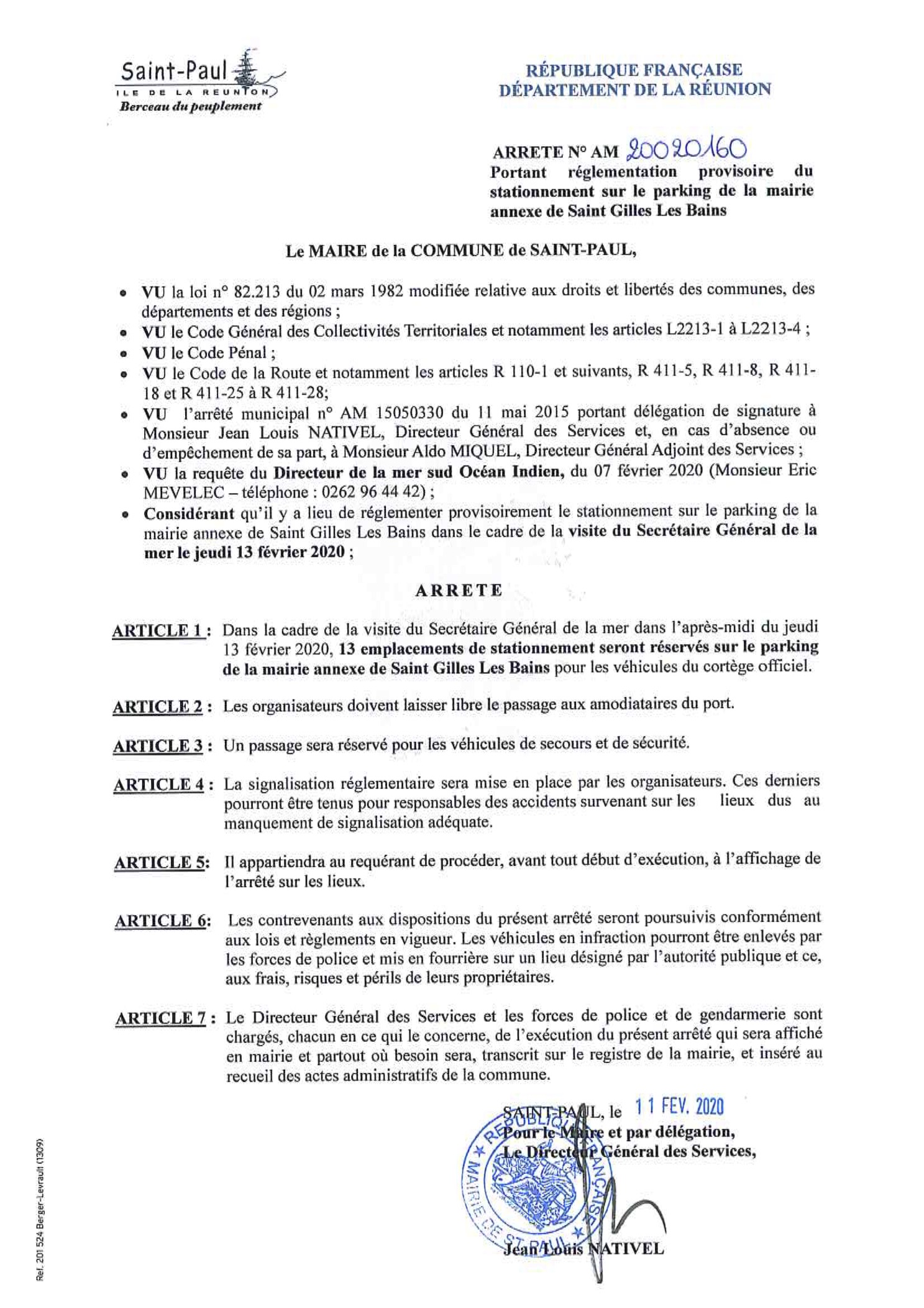 Règlementation provisoire du stationnement sur le parking de la mairie annexe de Saint-Gilles-les-Bains le 13 février 2020