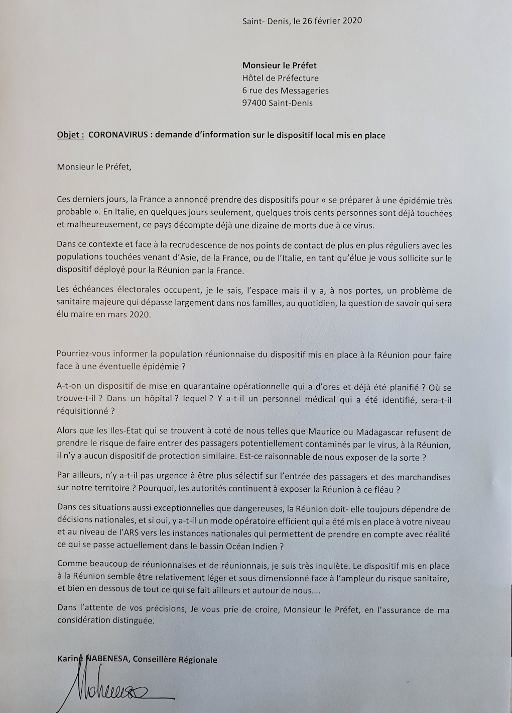 Coronavirus : Karine Nabénésa interpelle le préfet