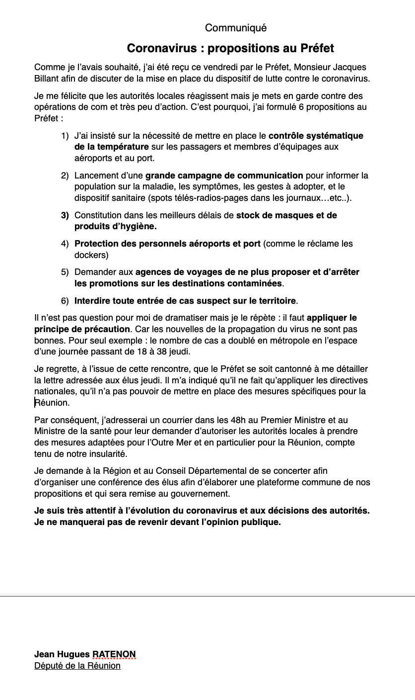 Coronavirus : Ratenon remet ses propositions au préfet