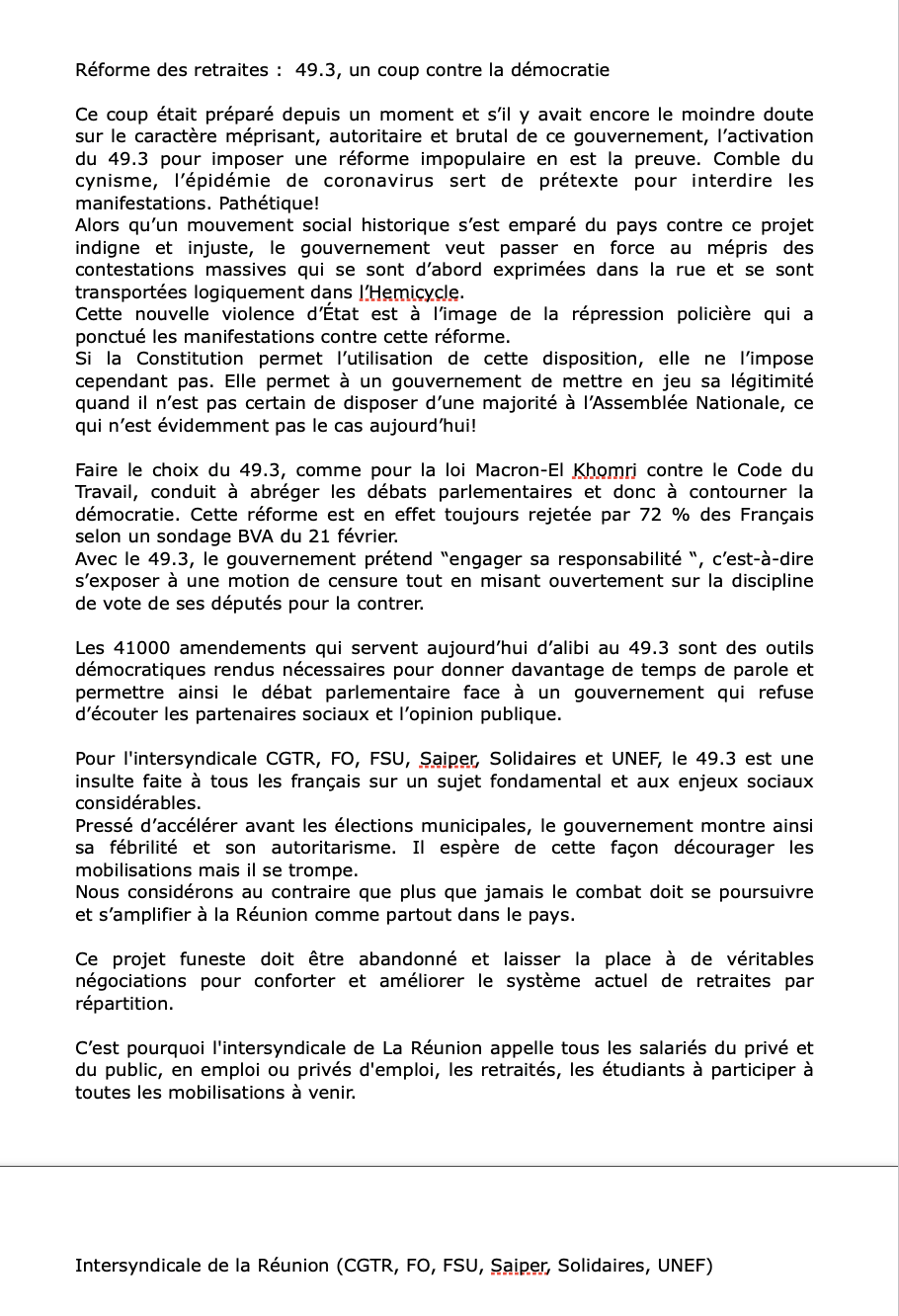 49:3 : l’Intersyndicale réagit