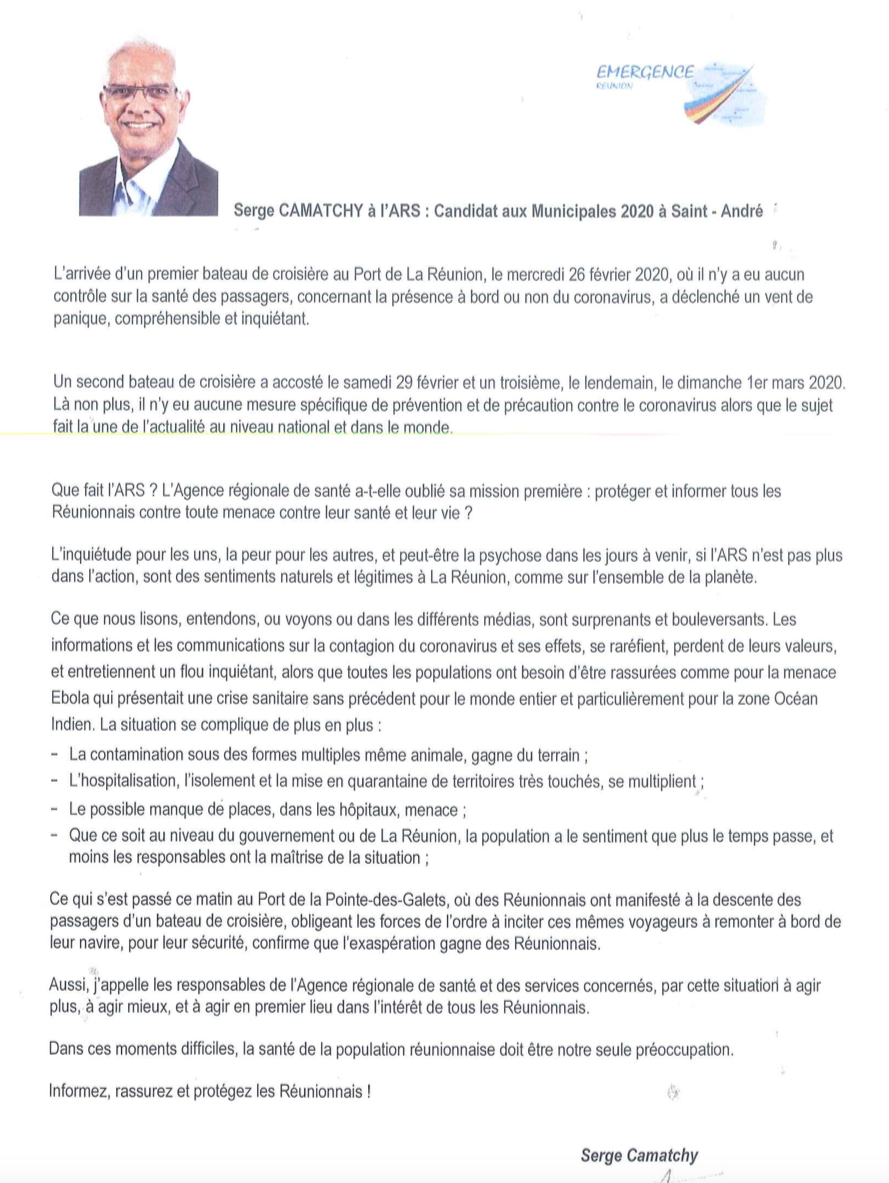 Coronavirus : Serge Camatchy s'adresse à l'ARS, 