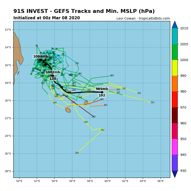 La zone perturbée 91S à 690km au Nord Nord-Ouest de la Réunion, intensification lente ces prochains jours