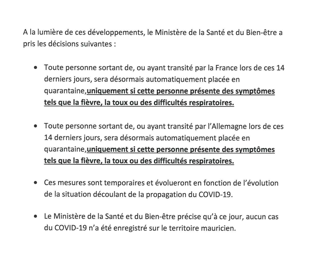 Coronavirus : Les Français placés en quarantaine à Maurice