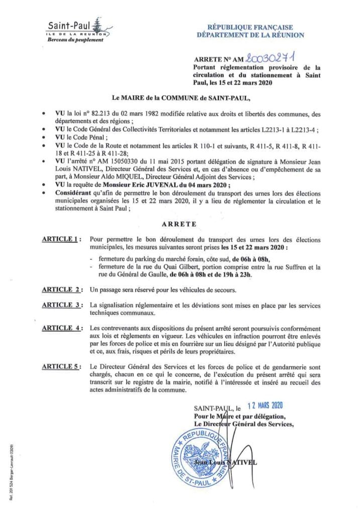 Transport des urnes lors des élections municipales : circulation et stationnement provisoirement modifiés à Saint-Paul