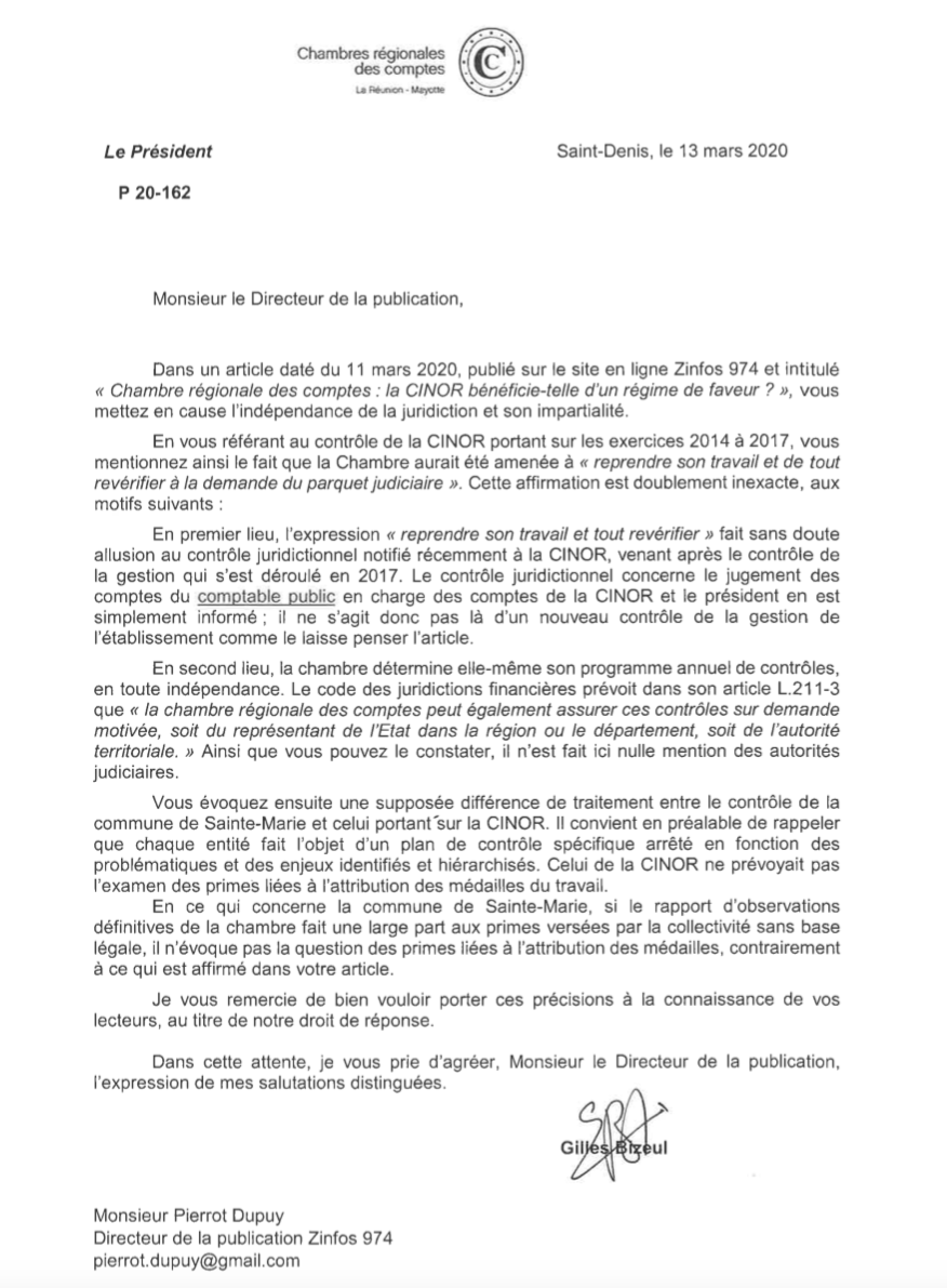 Droit de réponse de la Chambre régionale des comptes