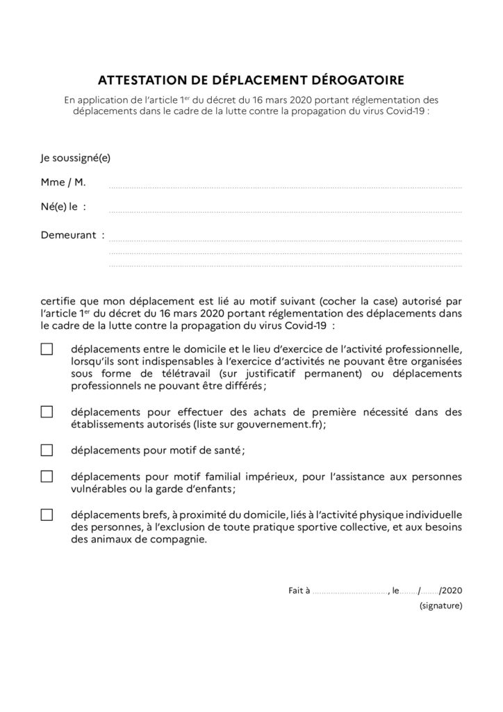 Covid-19 : Téléchargez l’attestation de déplacement dérogatoire
