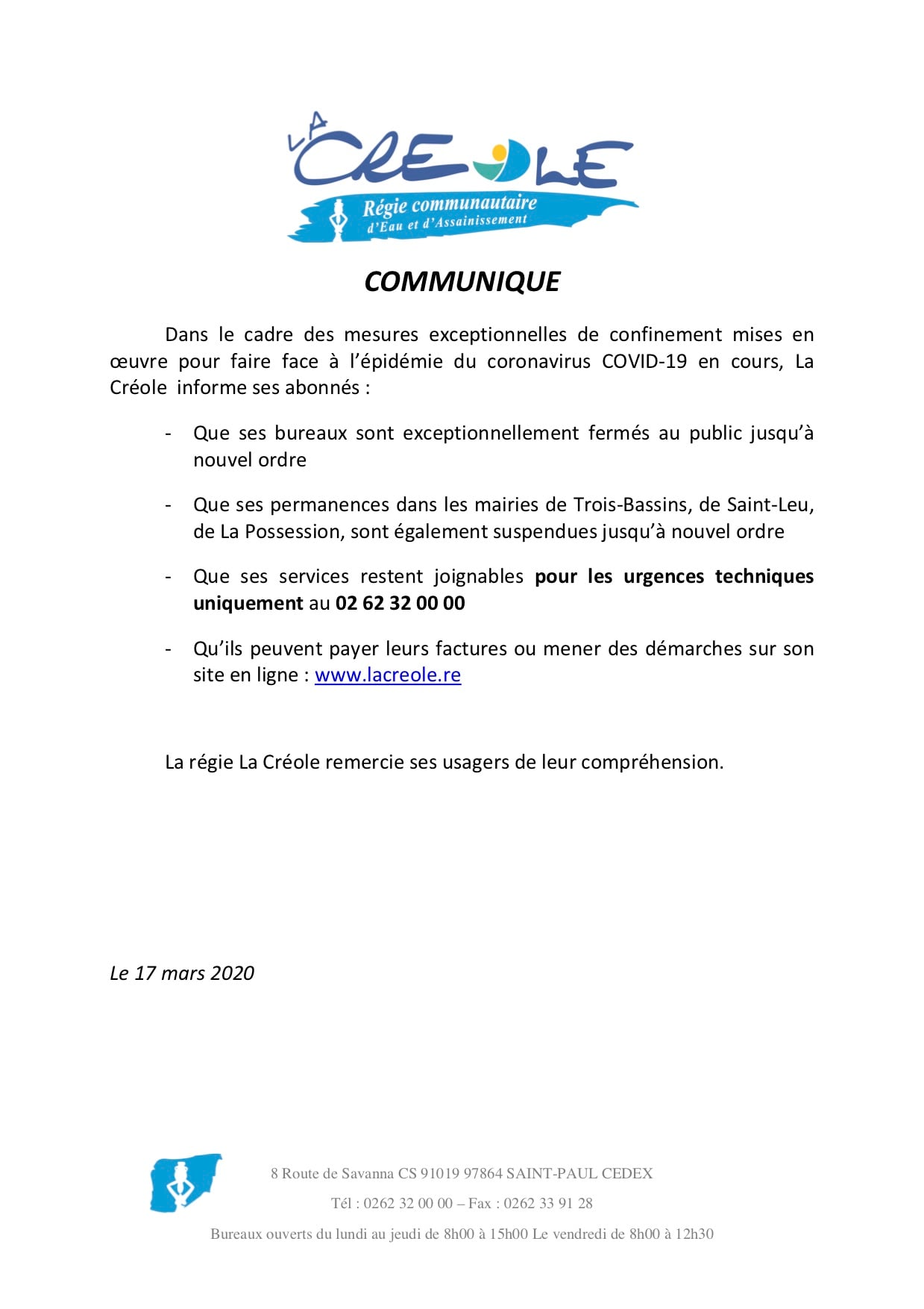 Covid-19 : La Créole ferme ses bureaux et ses permanences jusqu’à nouvel ordre