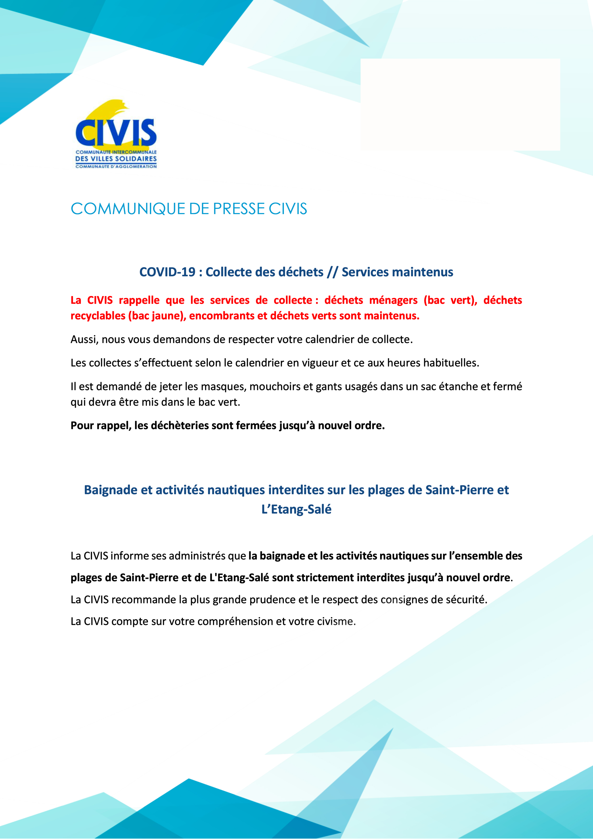 CIVIS : Baignade interdite à Saint-Pierre et L’Étang-Salé