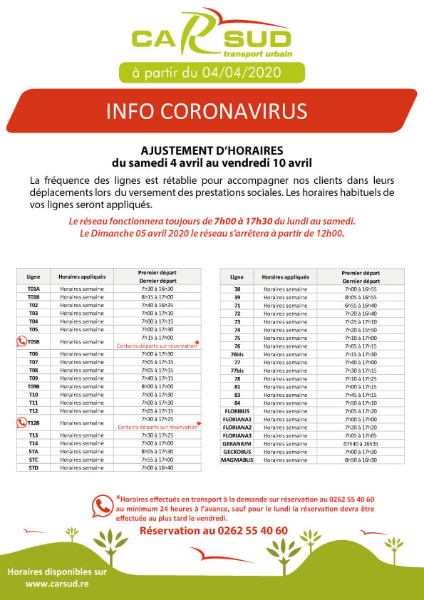 TRANSPORT - RESEAU CARSUD : Rétablissement des horaires du 4 au 10 avril 2020