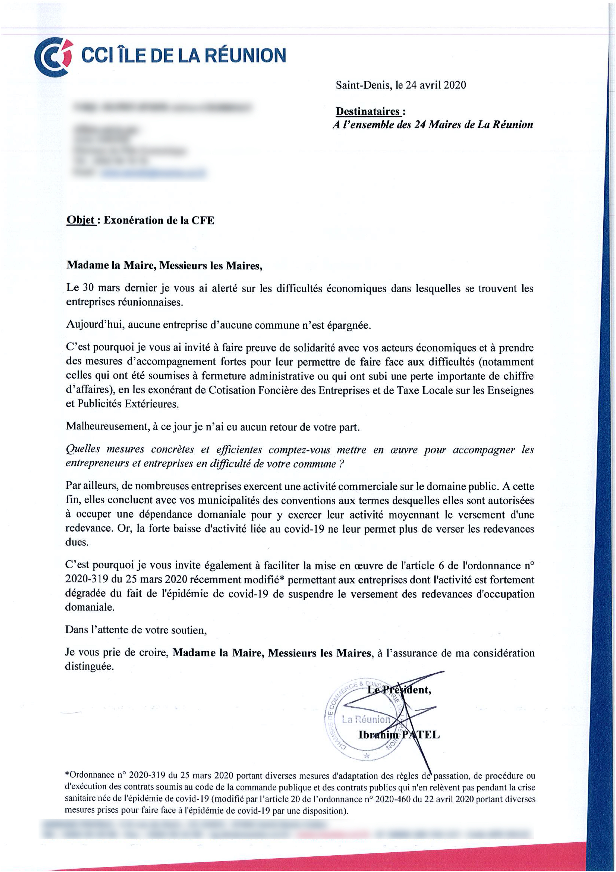 Ibrahim Patel relance une nouvelle fois les 24 maires sur l'exonération de la CFE