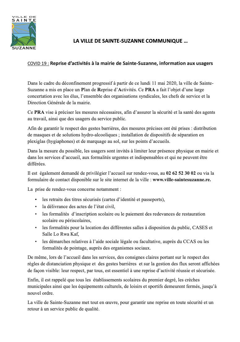 Déconfinement : Ste-Suzanne communique sa reprise d’activité