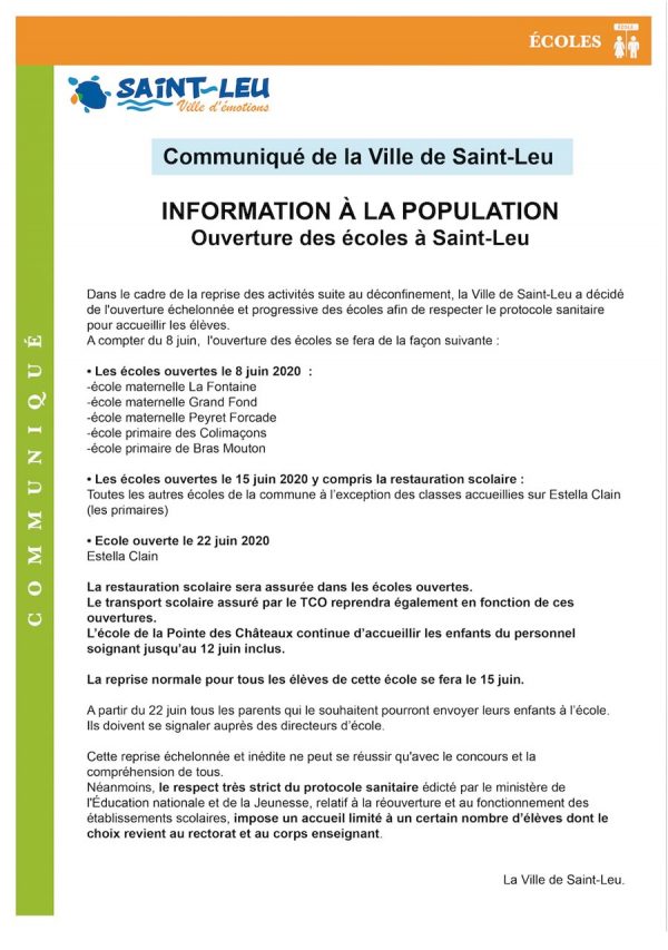 Déconfinement : ouverture des écoles maternelles et élémentaires de Saint-Leu