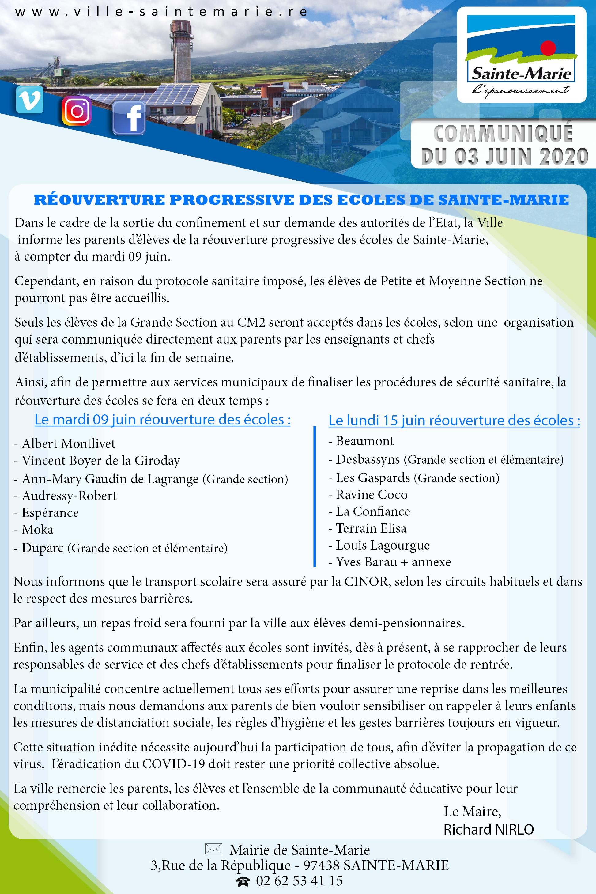Réouverture des écoles le 9 juin à Sainte-Marie